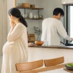 妊娠初期のにおいづわりでキッチンから少し離れて休む家庭のイメージ