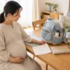 出産前に妊婦さんが上の子のバッグとメモを整える明るい家庭のイメージ