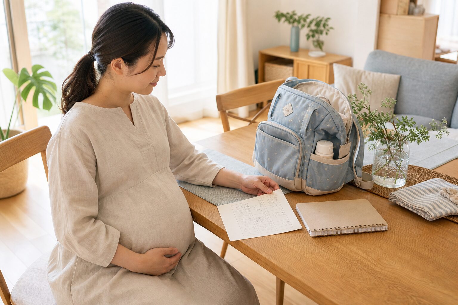 出産前に妊婦さんが上の子のバッグとメモを整える明るい家庭のイメージ