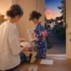 夏の花火大会へ出かける前に親が子どもの準備を整えながら待ち合わせや帰り道を確認するイメージ