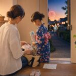 夏の花火大会へ出かける前に親が子どもの準備を整えながら待ち合わせや帰り道を確認するイメージ