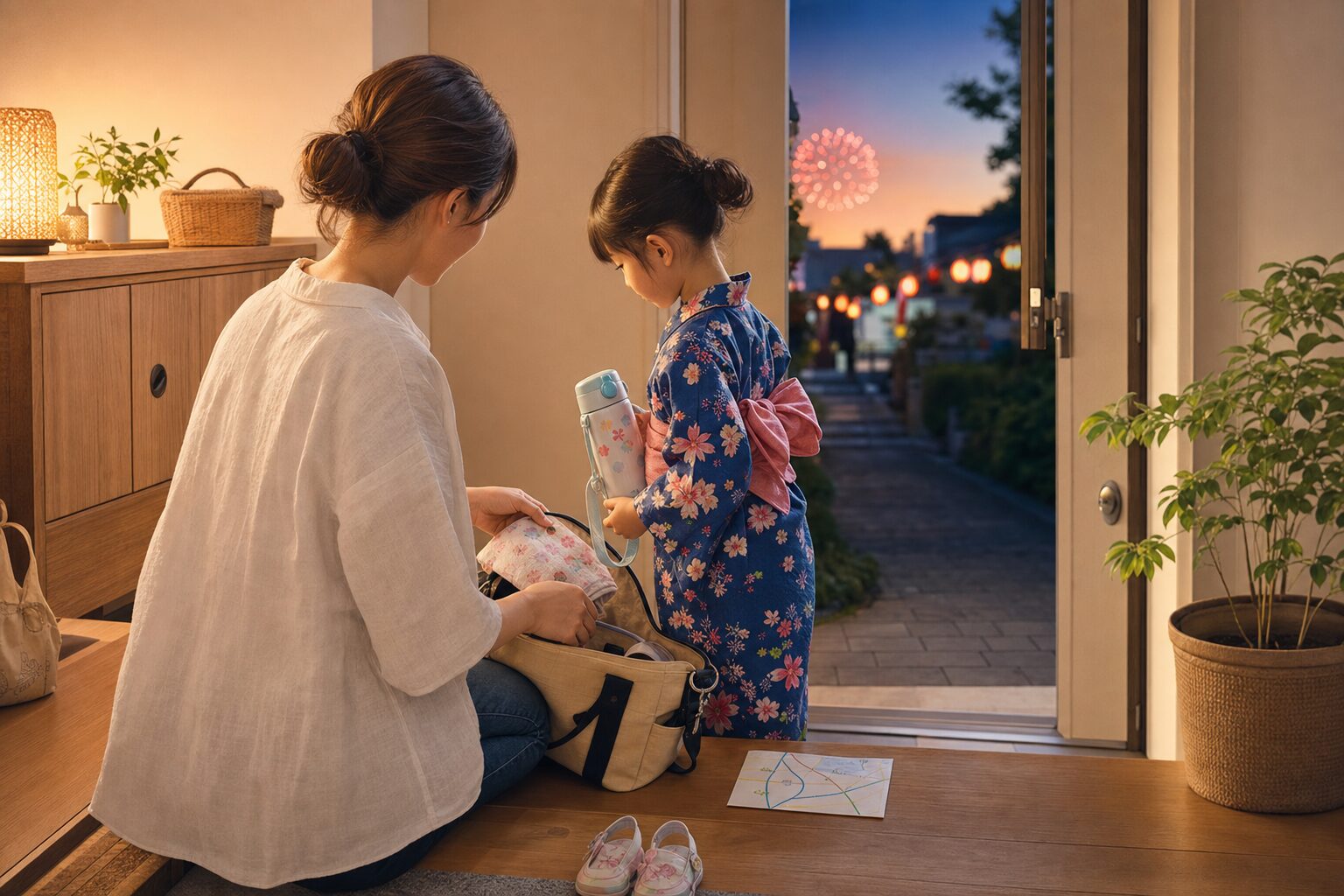 夏の花火大会へ出かける前に親が子どもの準備を整えながら待ち合わせや帰り道を確認するイメージ