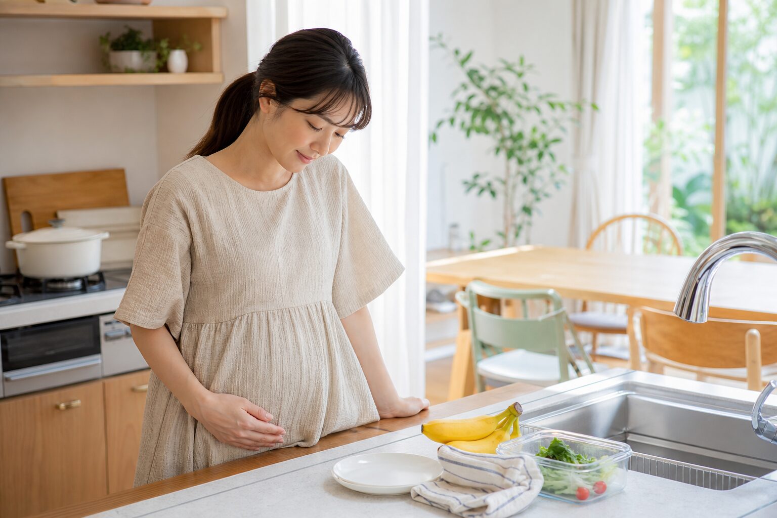 夏の台所で子どもの昼ごはん準備を前にひと息つく妊娠初期の母親のイメージ