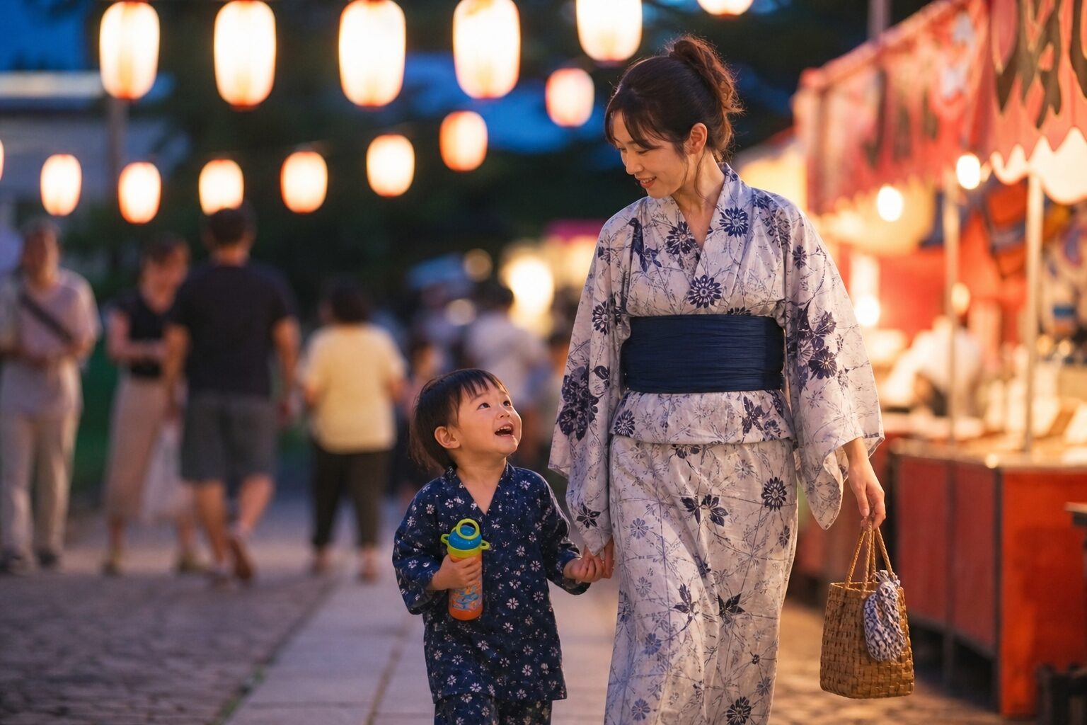 夏祭りの灯りの中を親子で歩く子連れ外出のイメージ
