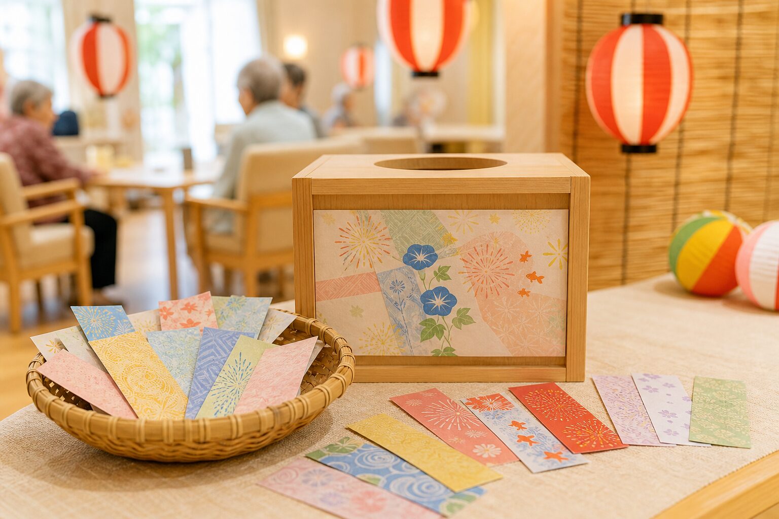 高齢者施設の夏祭りでおみくじ箱と和紙の短冊を並べたあたたかいイメージ
