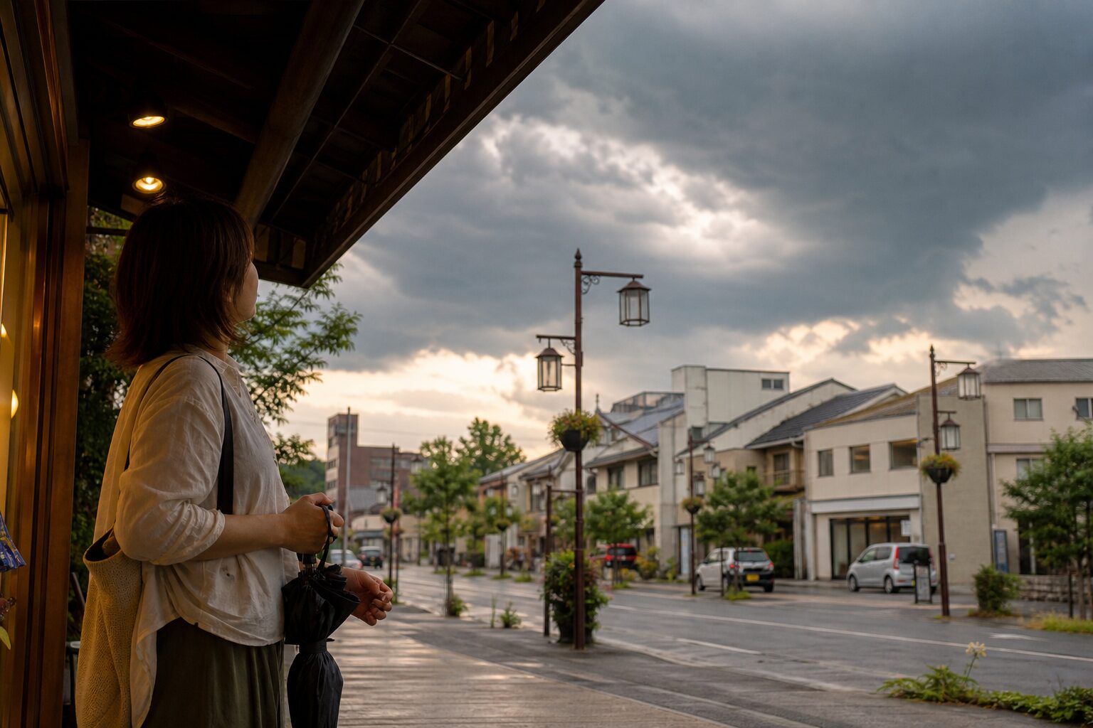 夏の街で夕立前の空を見上げる人と暗い雲の実用的なイメージ