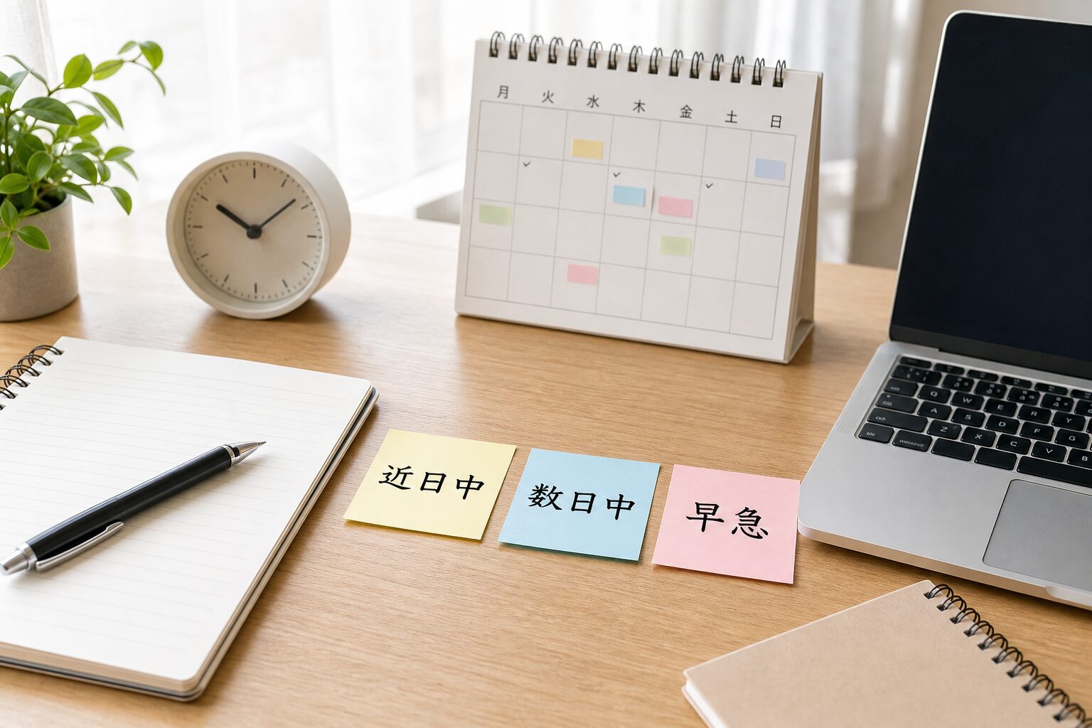 近日中と数日中と早急の違いを机のメモで整理する明るいデスクのイメージ