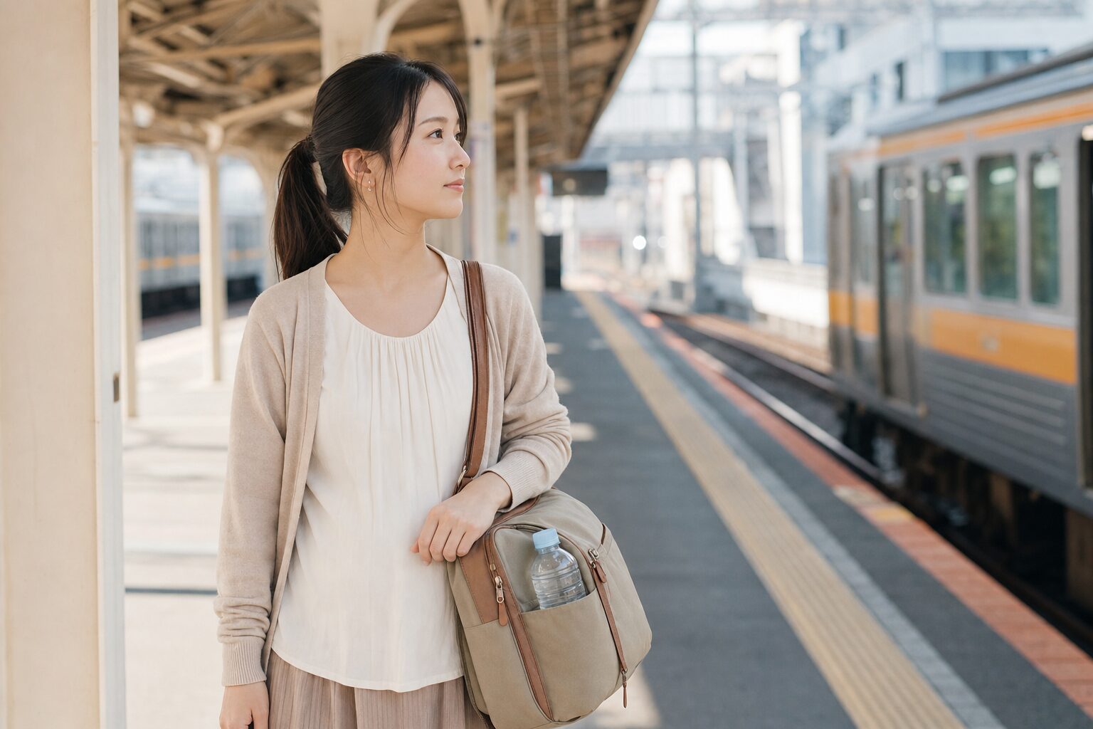 妊娠初期の親が朝の通勤前に小さなバッグと飲み物を持って準備するイメージ