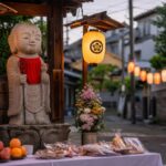 地蔵盆のお地蔵さんと提灯とお供えを実写寄りに写したアイキャッチ