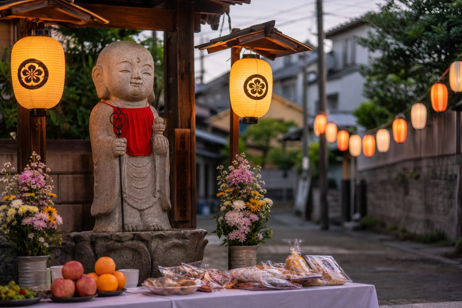 地蔵盆のお地蔵さんと提灯とお供えを実写寄りに写したアイキャッチ