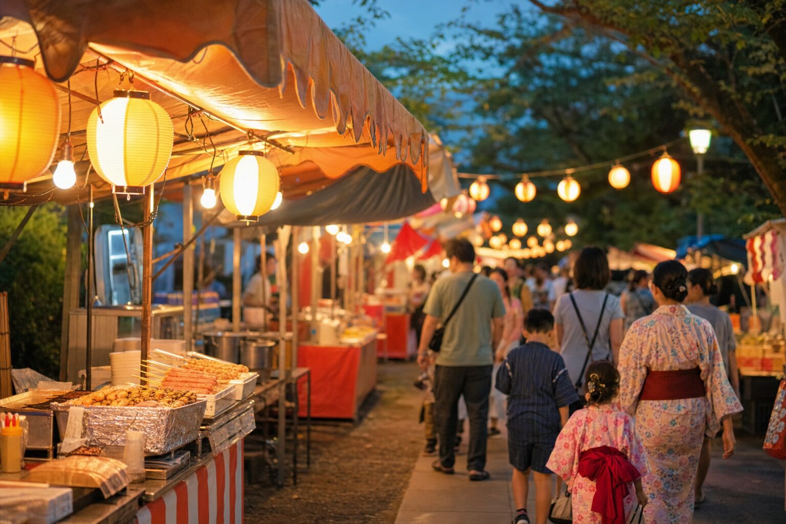 夏祭りの夜店と屋台が並ぶ通りを実写寄りに写したアイキャッチ