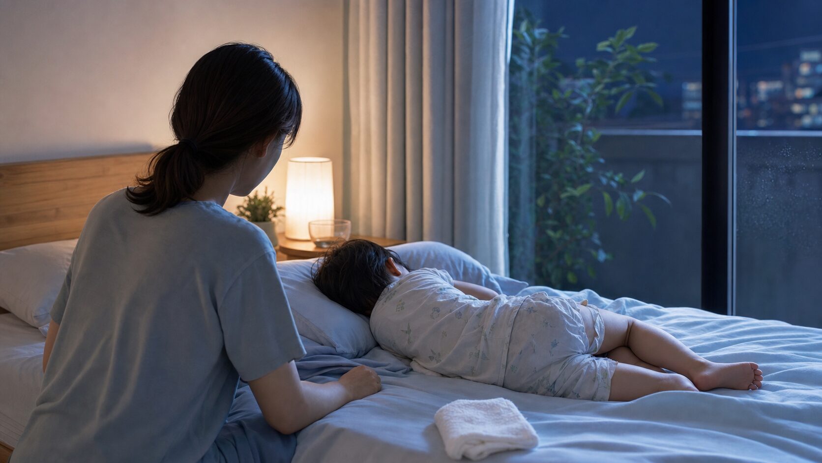 寝苦しい夏の夜に子どもの寝汗を見守る親のイメージ