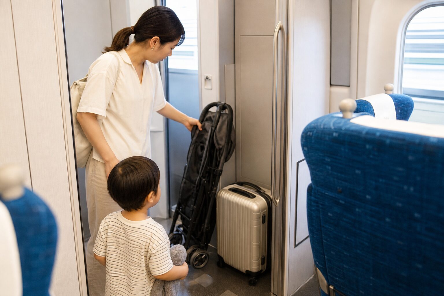 子連れ新幹線で座席と荷物の置き場を先に確認するイメージ