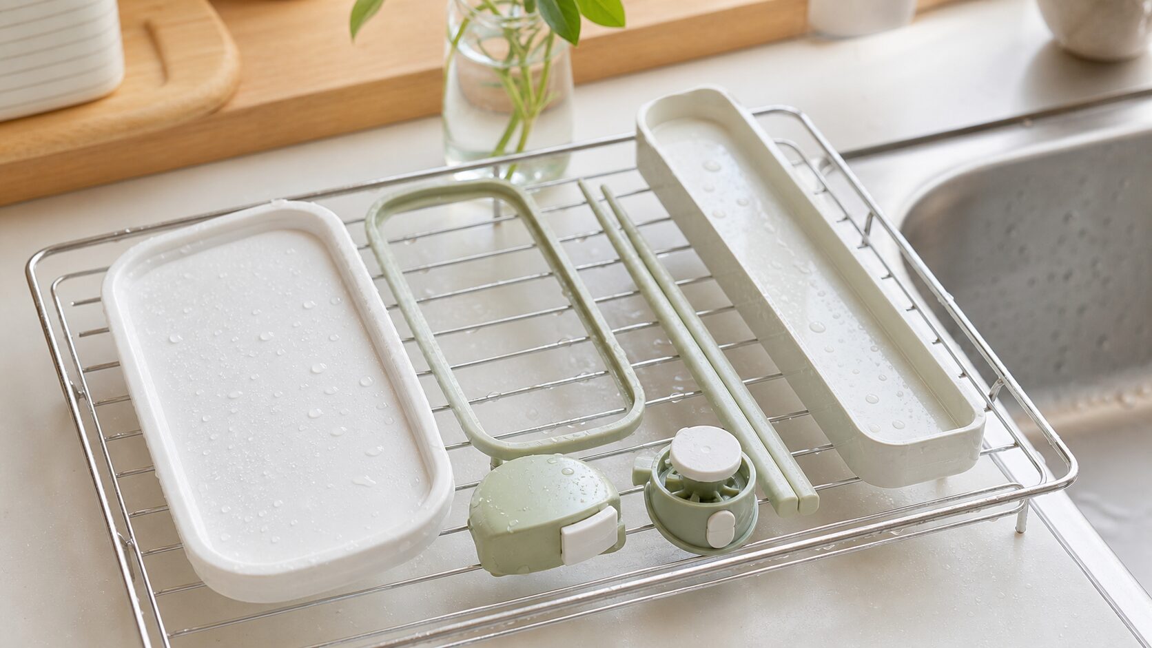 洗ったお弁当箱のパッキンや小物を外して乾かすイメージ