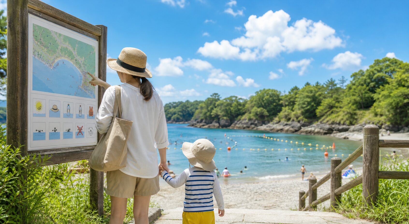 海辺の案内板と遊泳エリアを確認する親子のイメージ