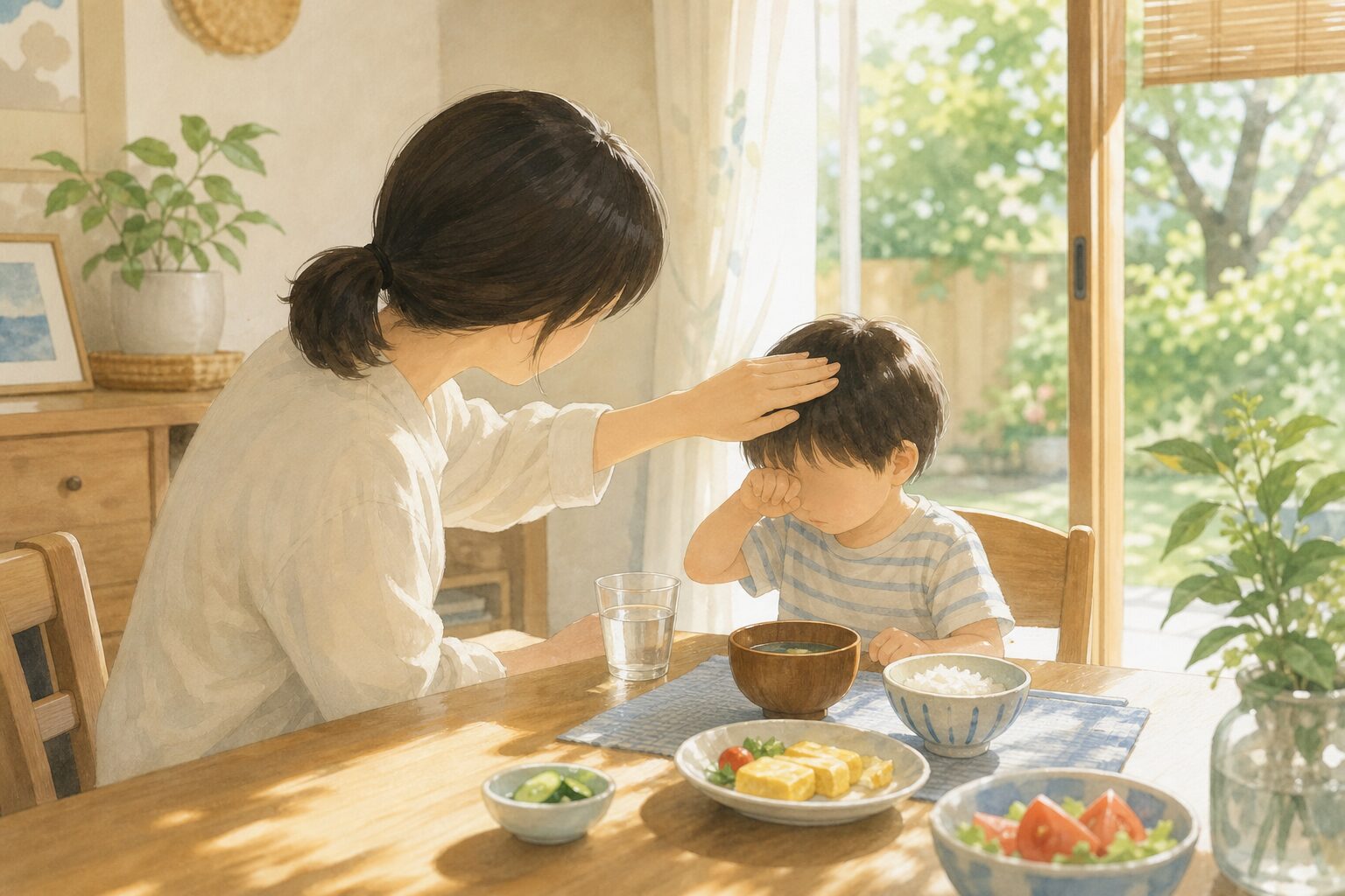 夏の朝に子どもの様子と飲み物を確認する親のイメージ