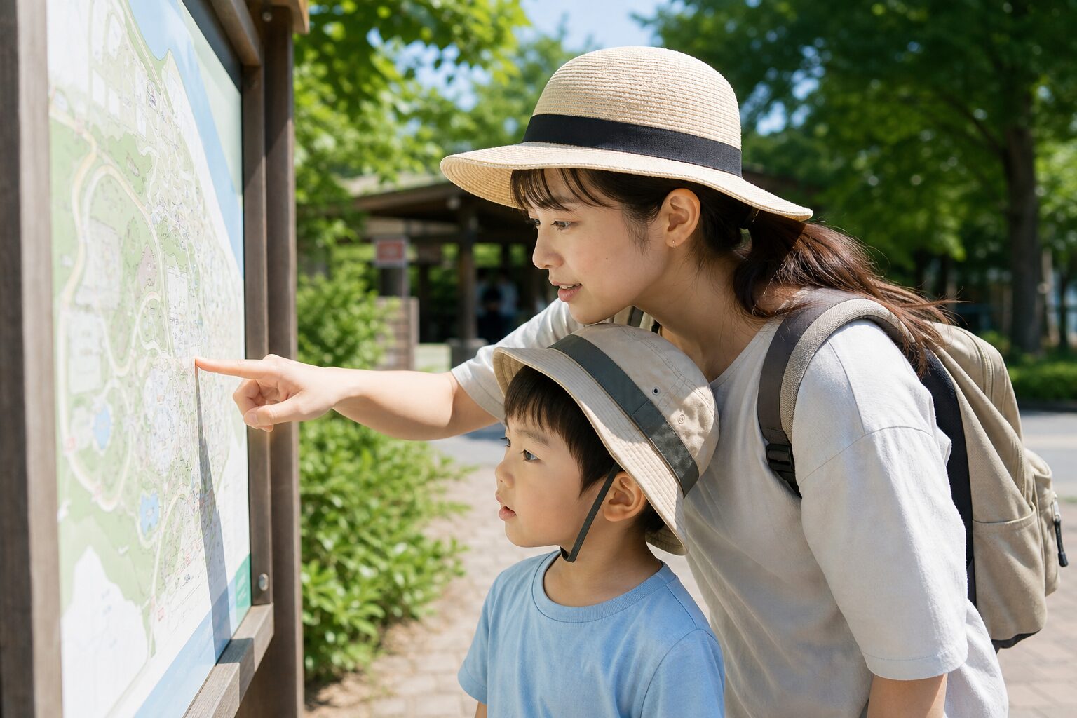 動物園や遊園地の地図を見ながら日陰と屋内休憩場所を確認する親子のイメージ