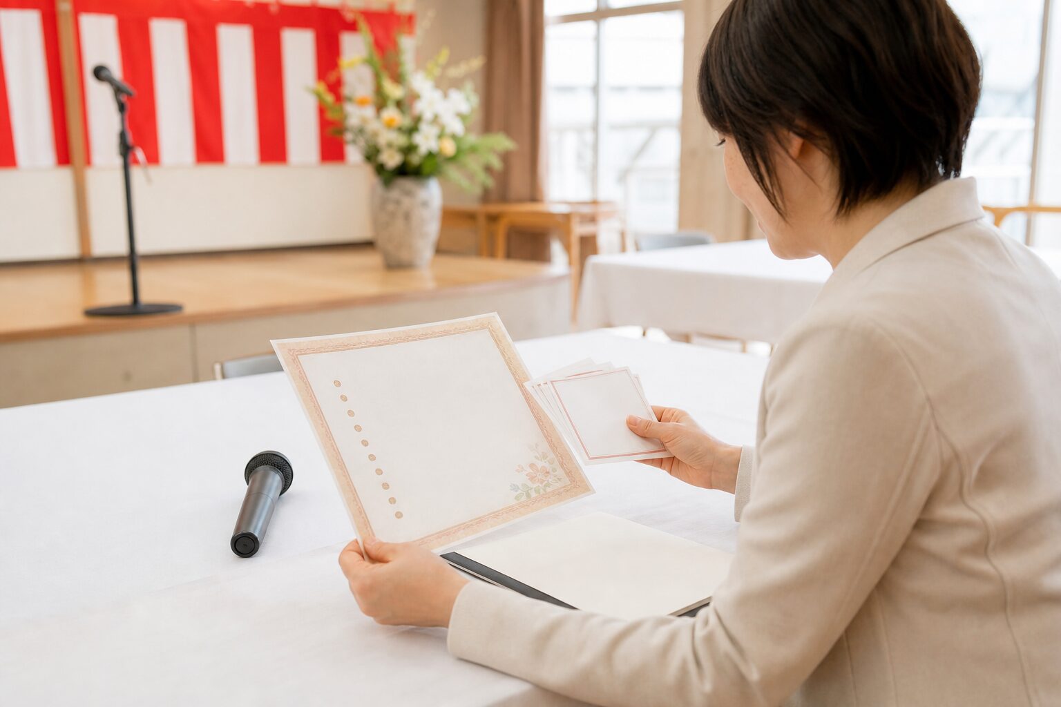敬老会の進行順を見ながら司会役がメモを確認するイメージ