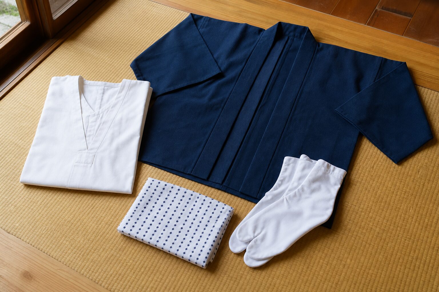 神輿や神事向けに白の鯉口シャツと法被と足袋を並べたイメージ
