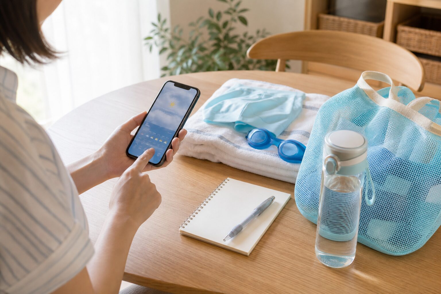 親がスマホで天気や予定を確認しながらプール用品を机に並べるイメージ