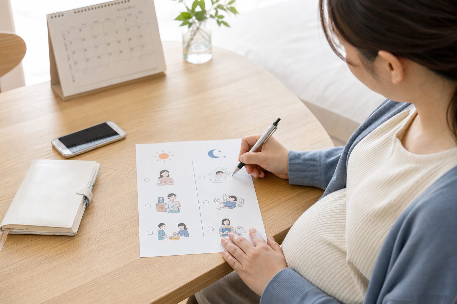 妊婦さんが昼と夜の預け先メモを机で整理するイメージ