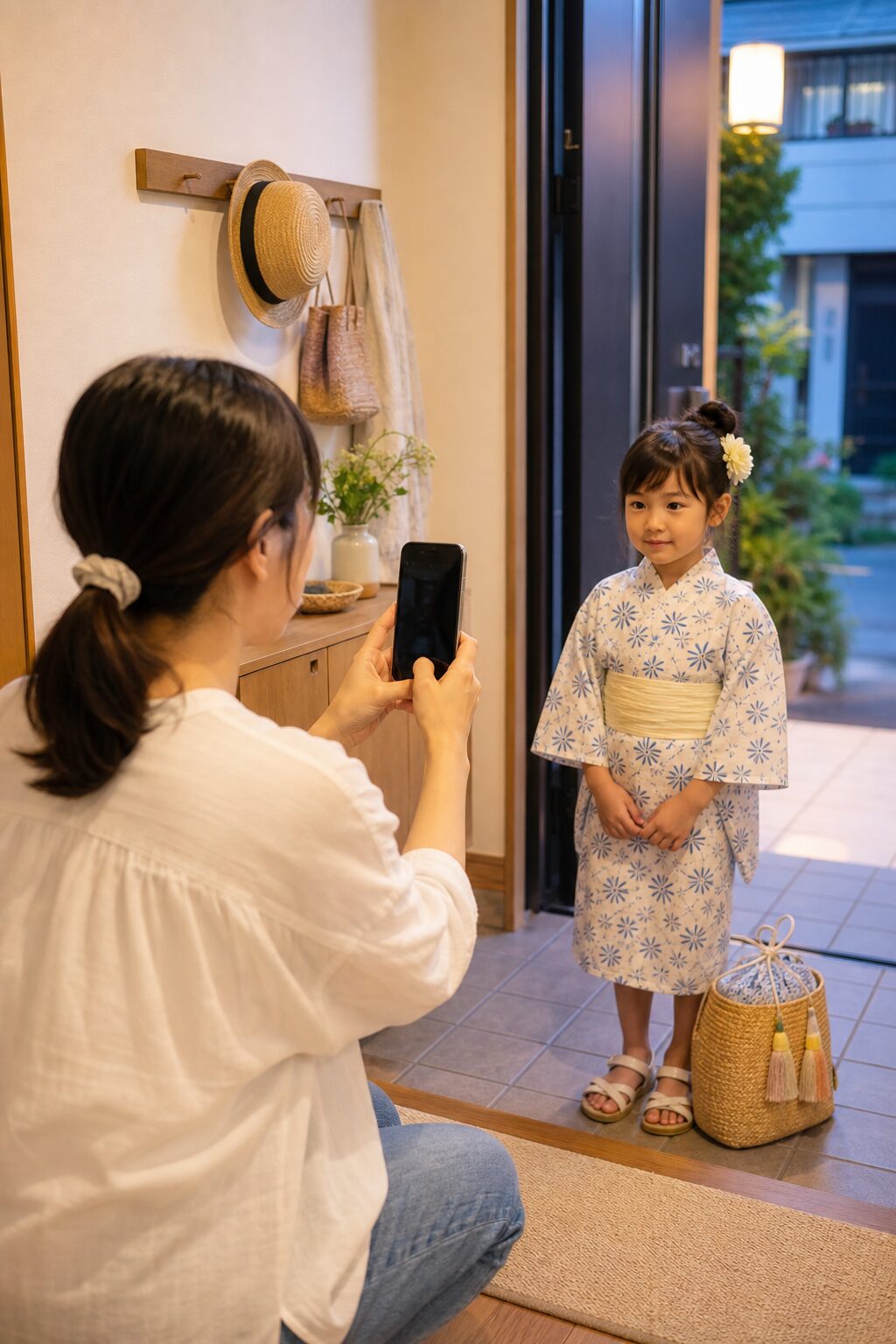 夏祭りの外出前に玄関で親が子どもの当日の服装写真を撮るイメージ