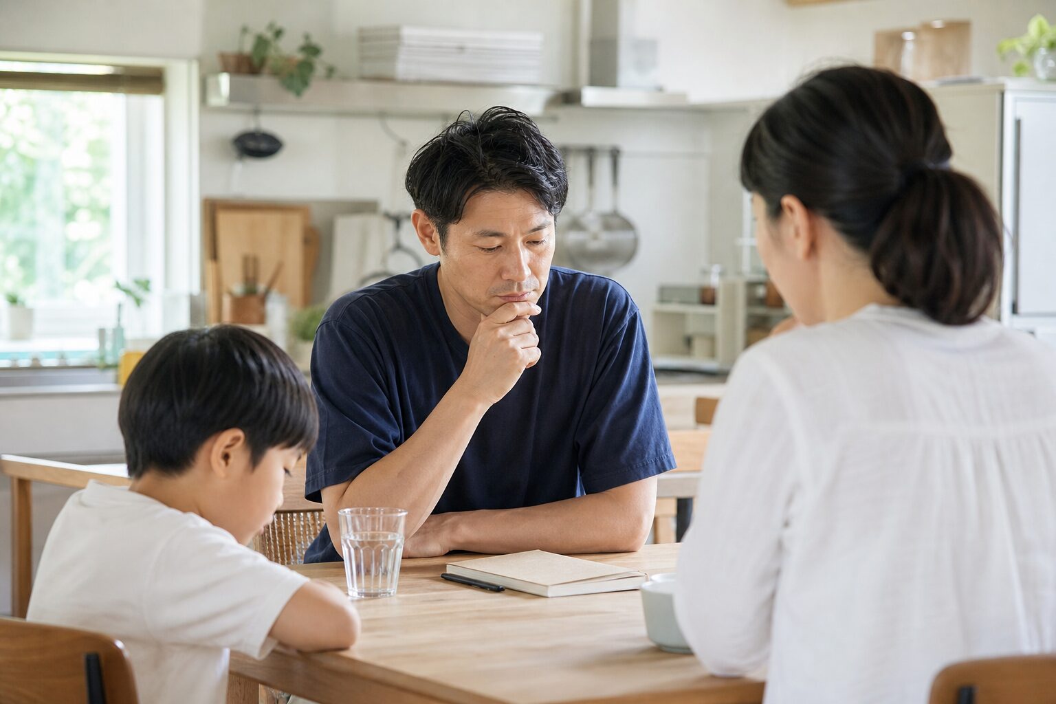 朝のテーブルで水とメモを前にその日の送迎判断を整えるイメージ