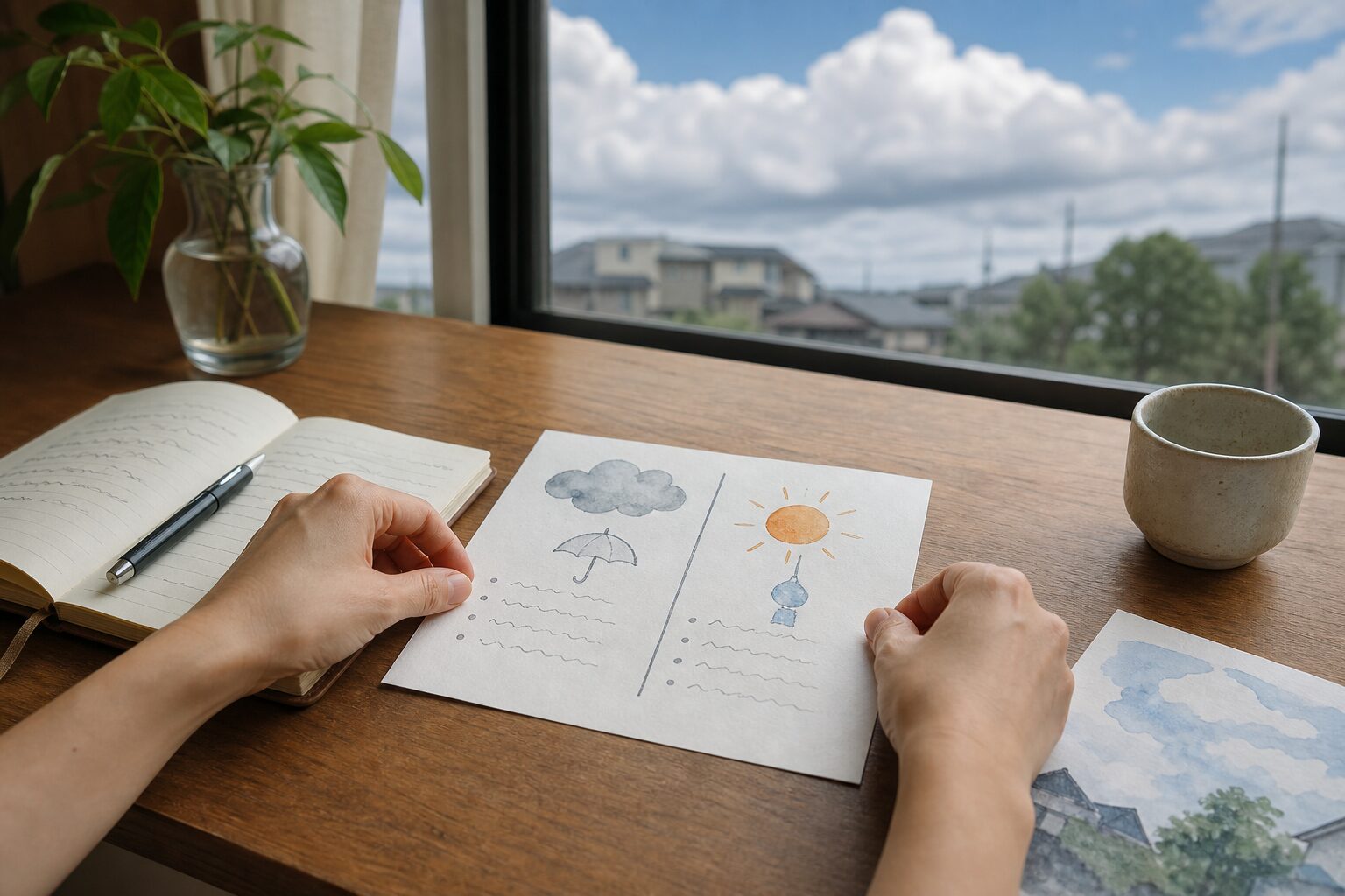 夕立とゲリラ豪雨の違いを手元で整理している夏の机のイメージ