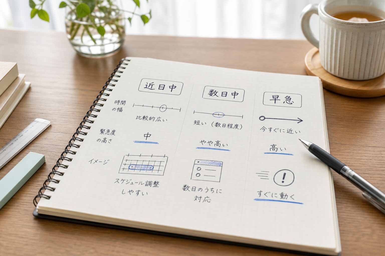 時間の幅と急ぎ方をノートで整理している机のイメージ