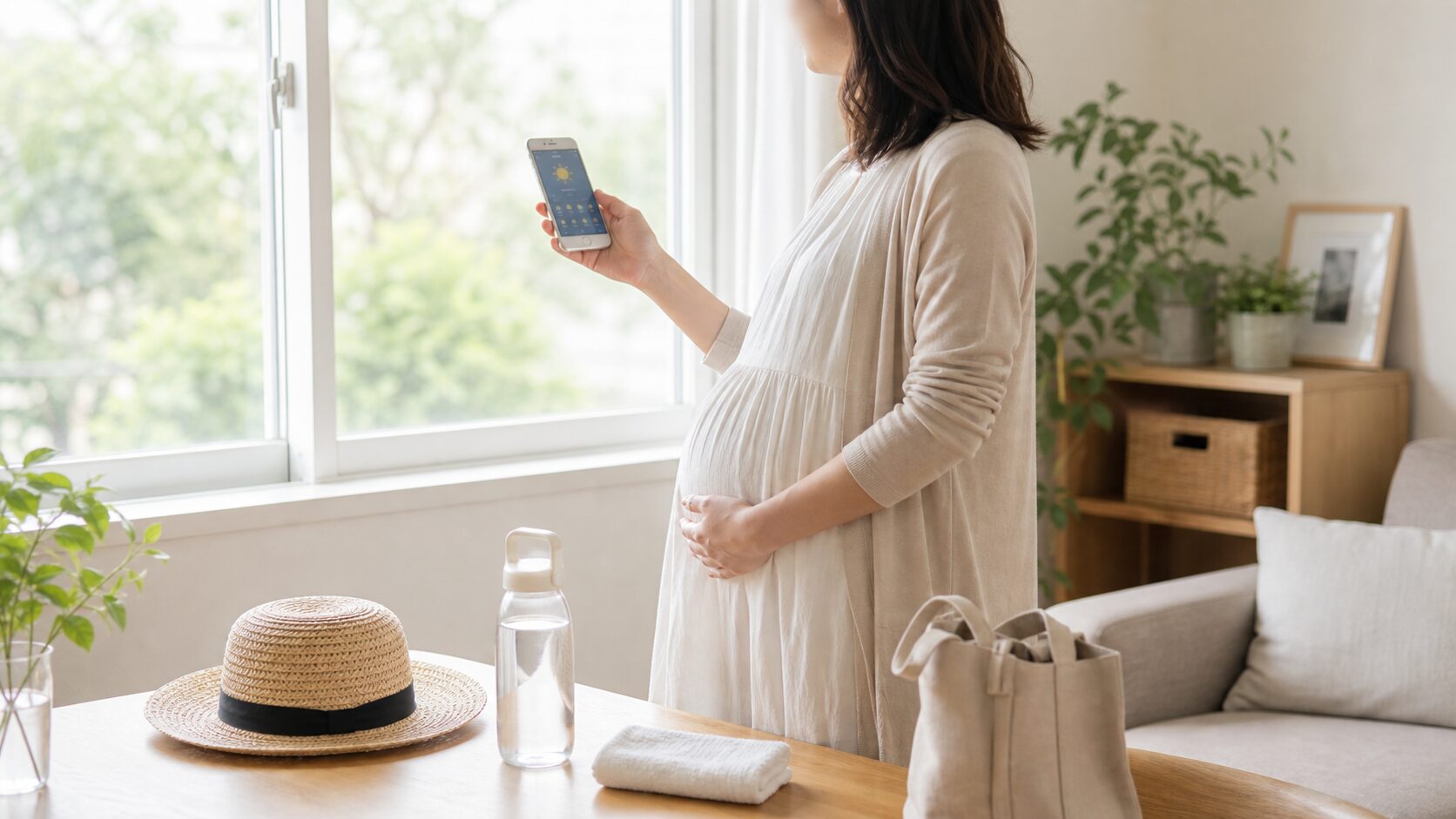 妊娠後期に夏の天気と暑さを確認してから外出準備をするイメージ