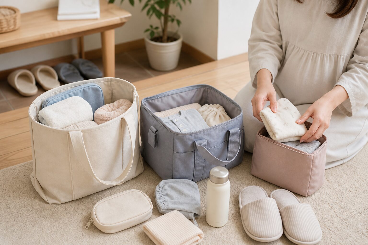入院用の袋を役割ごとに分けて床やベンチに並べるイメージ