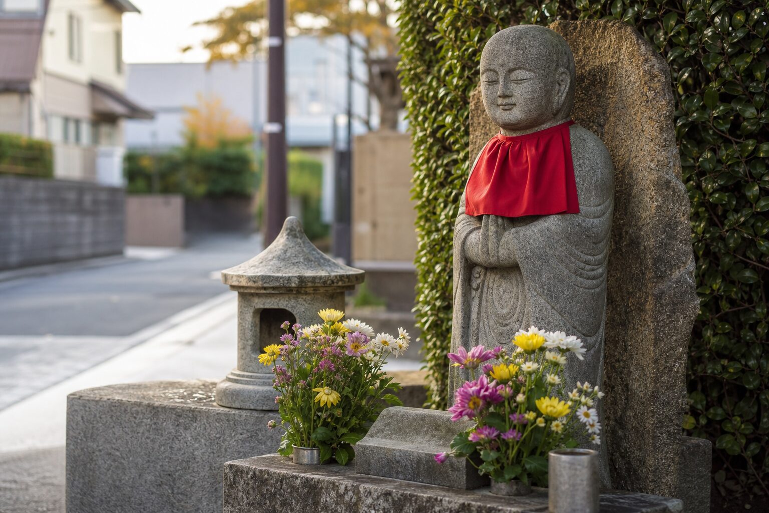 町内で見守られる地蔵盆のお地蔵さんの実写寄りのイメージ