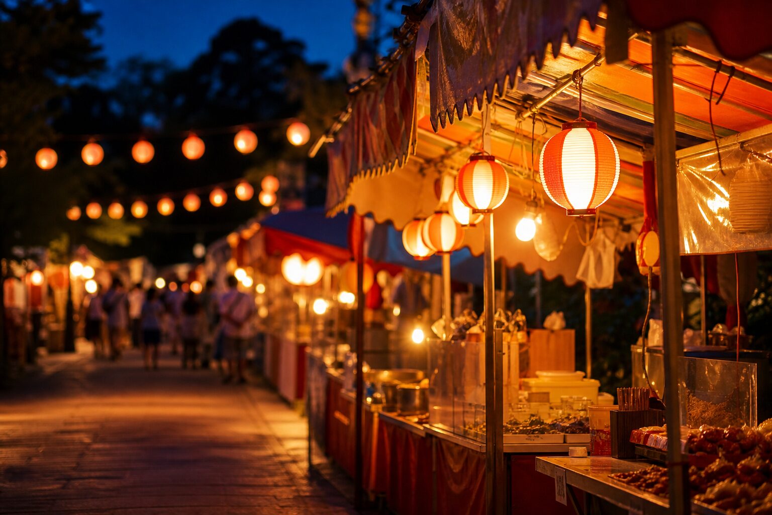 夜に明かりがついた夏祭りの夜店が並ぶ実写寄りのイメージ