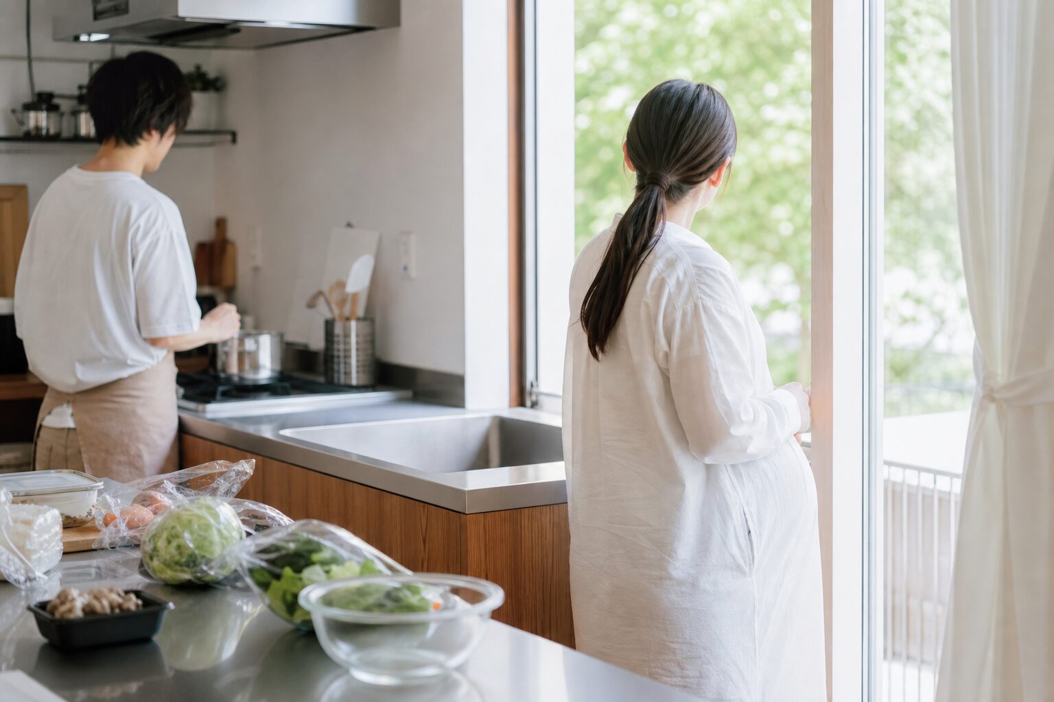 換気したキッチンで家族が調理し妊婦が窓辺で休むイメージ