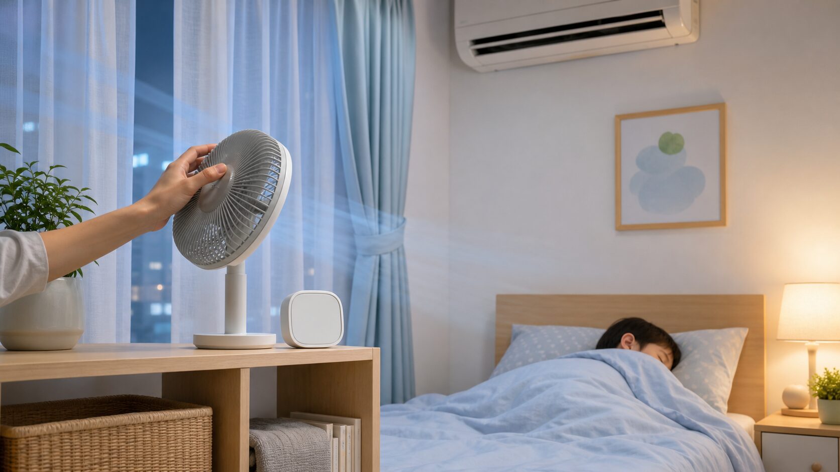 寝室の温度と湿度を確認しながら風の向きを整えるイメージ