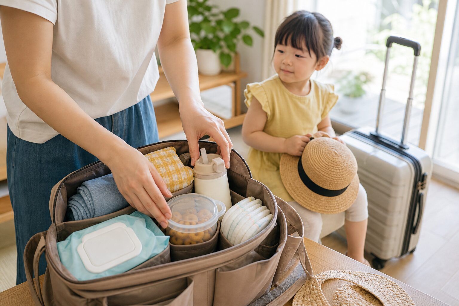 子連れ新幹線で手元に置く持ち物を一つの袋にまとめるイメージ