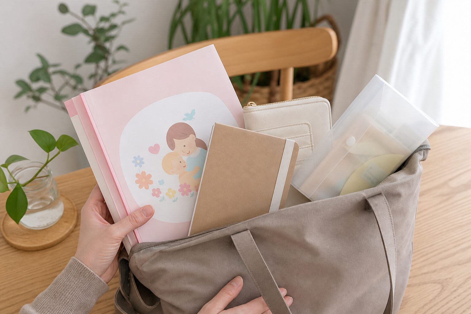 母子手帳や診察券やメモを一つのケースへまとめるイメージ