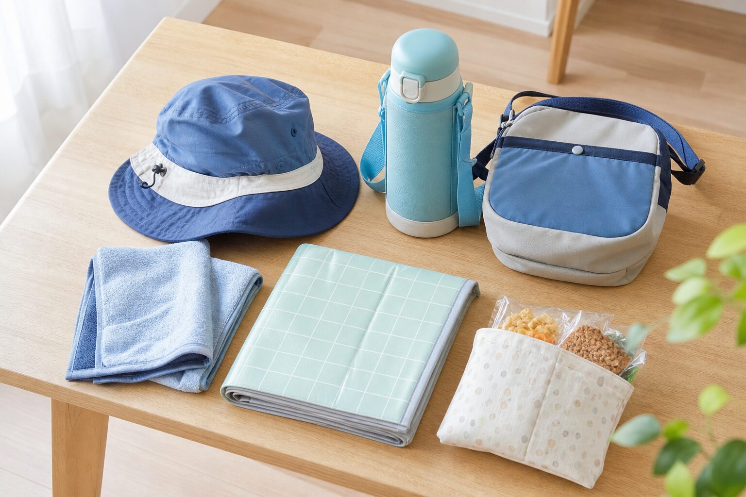子ども用の水筒や帽子や携帯シートを外出バッグへ入れる準備のイメージ