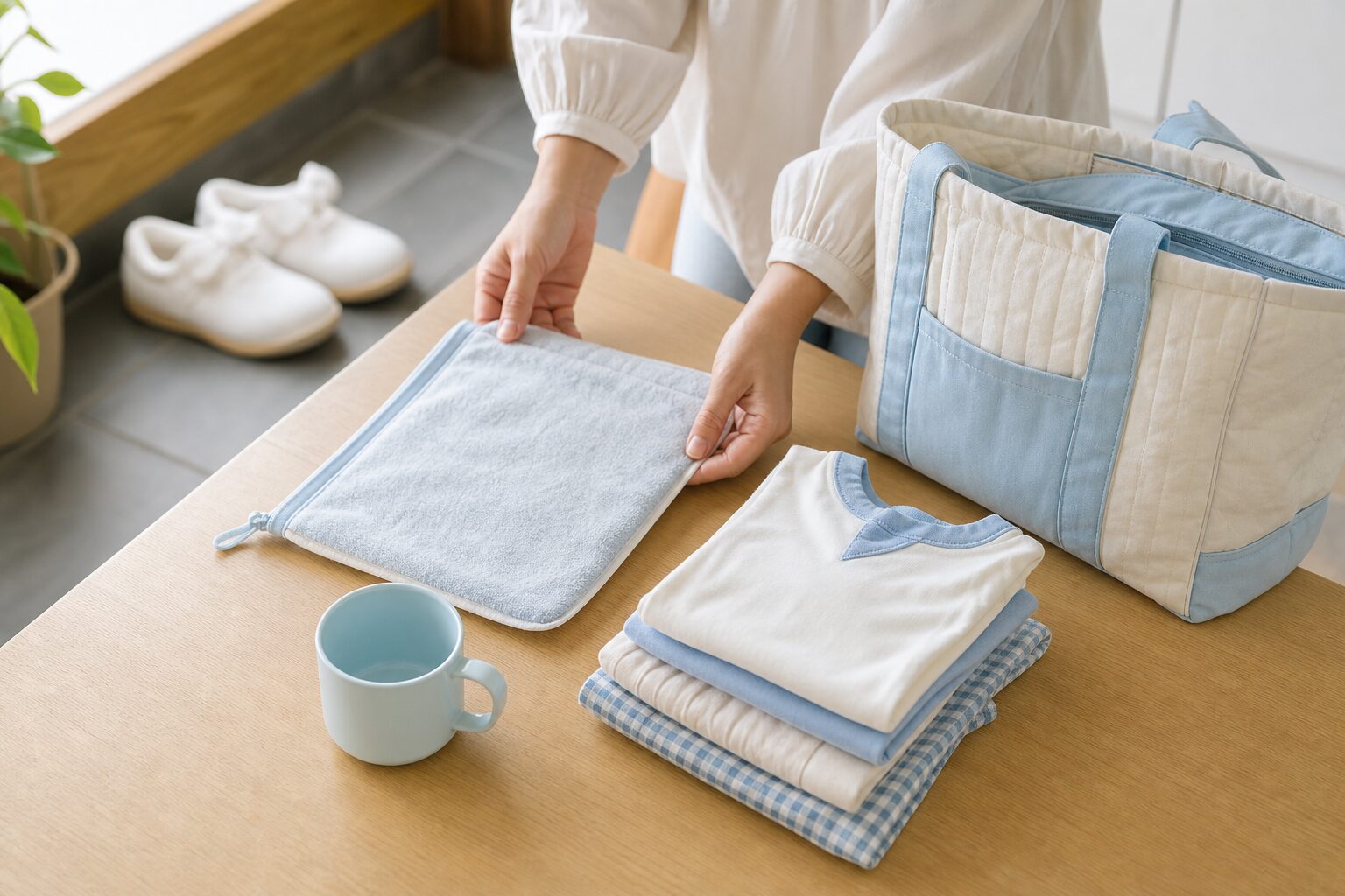 保育園の朝支度でタオルやコップや着替えを分けて並べる家庭のイメージ