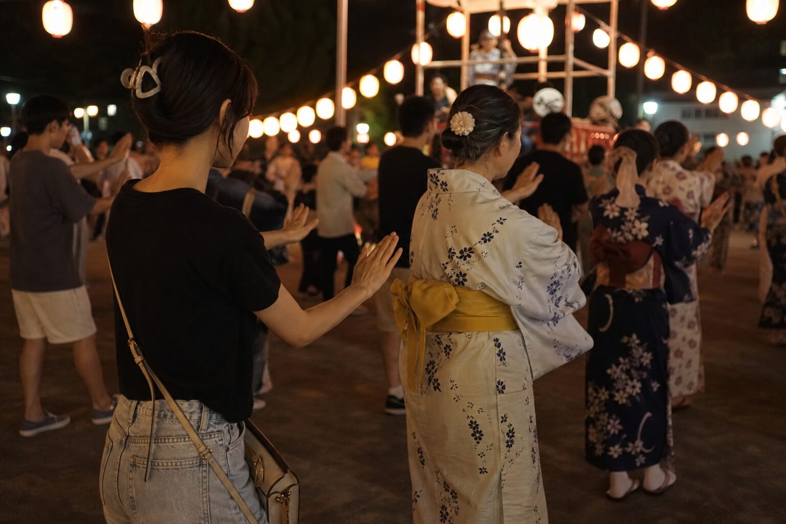 前の人の動きを見ながら盆踊りへ入る参加者のイメージ