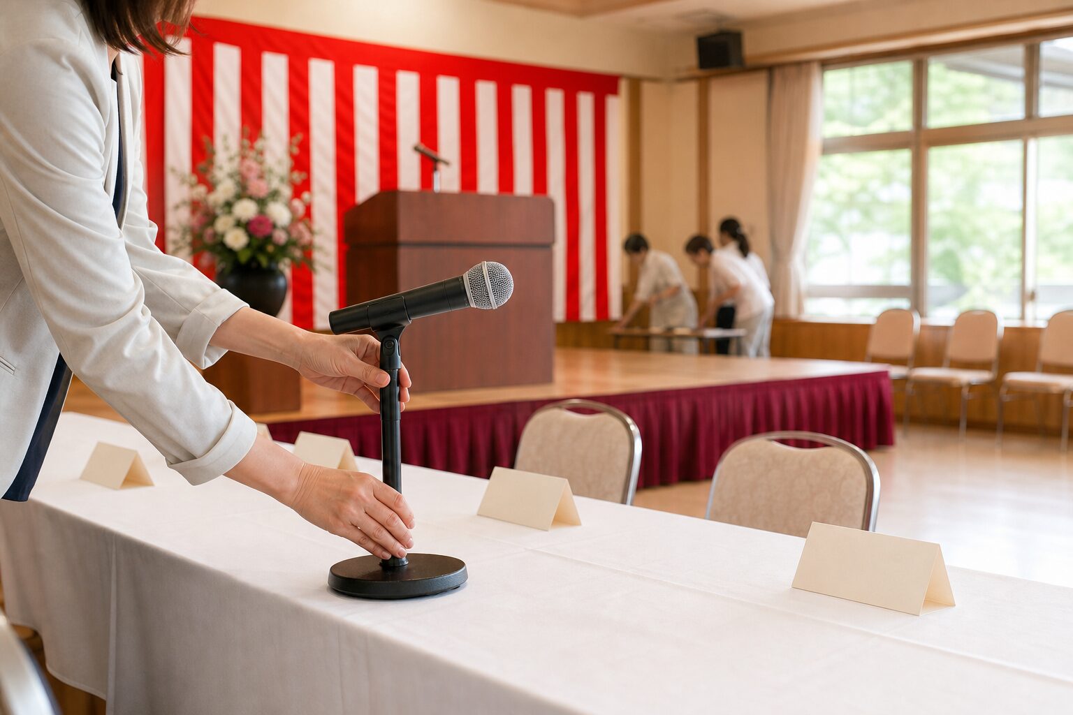 開会前の敬老会会場でマイクと席次カードを整えるイメージ