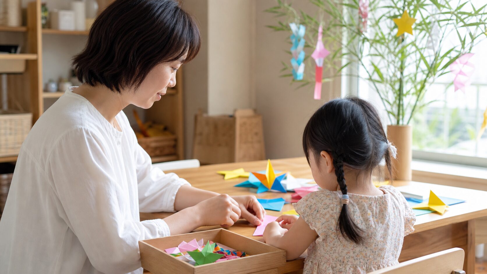 親が見守りながら子どもが七夕の折り紙を折るイメージ