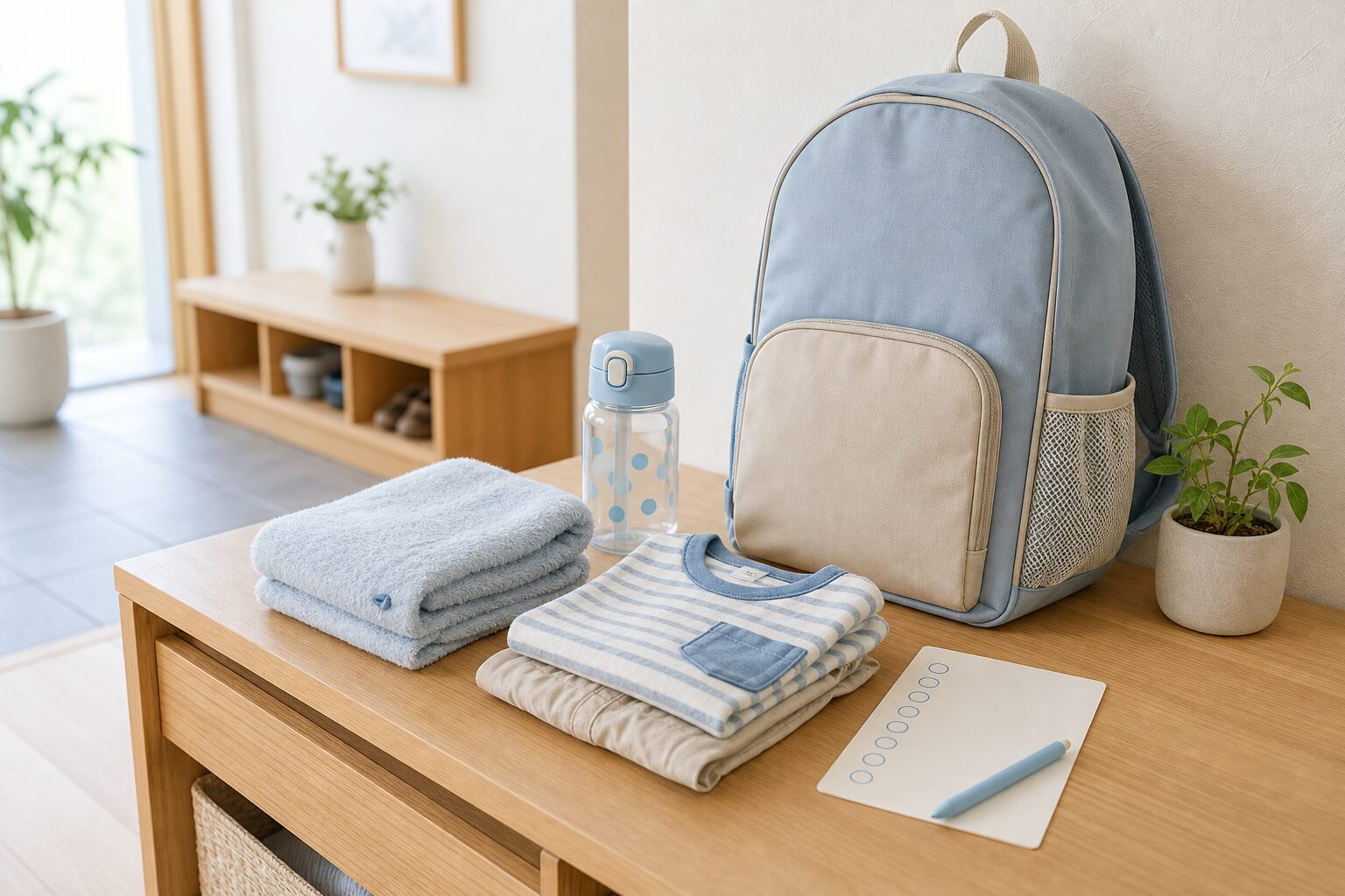 上の子のバッグとタオルと水筒と着替えを朝支度用に整えたイメージ
