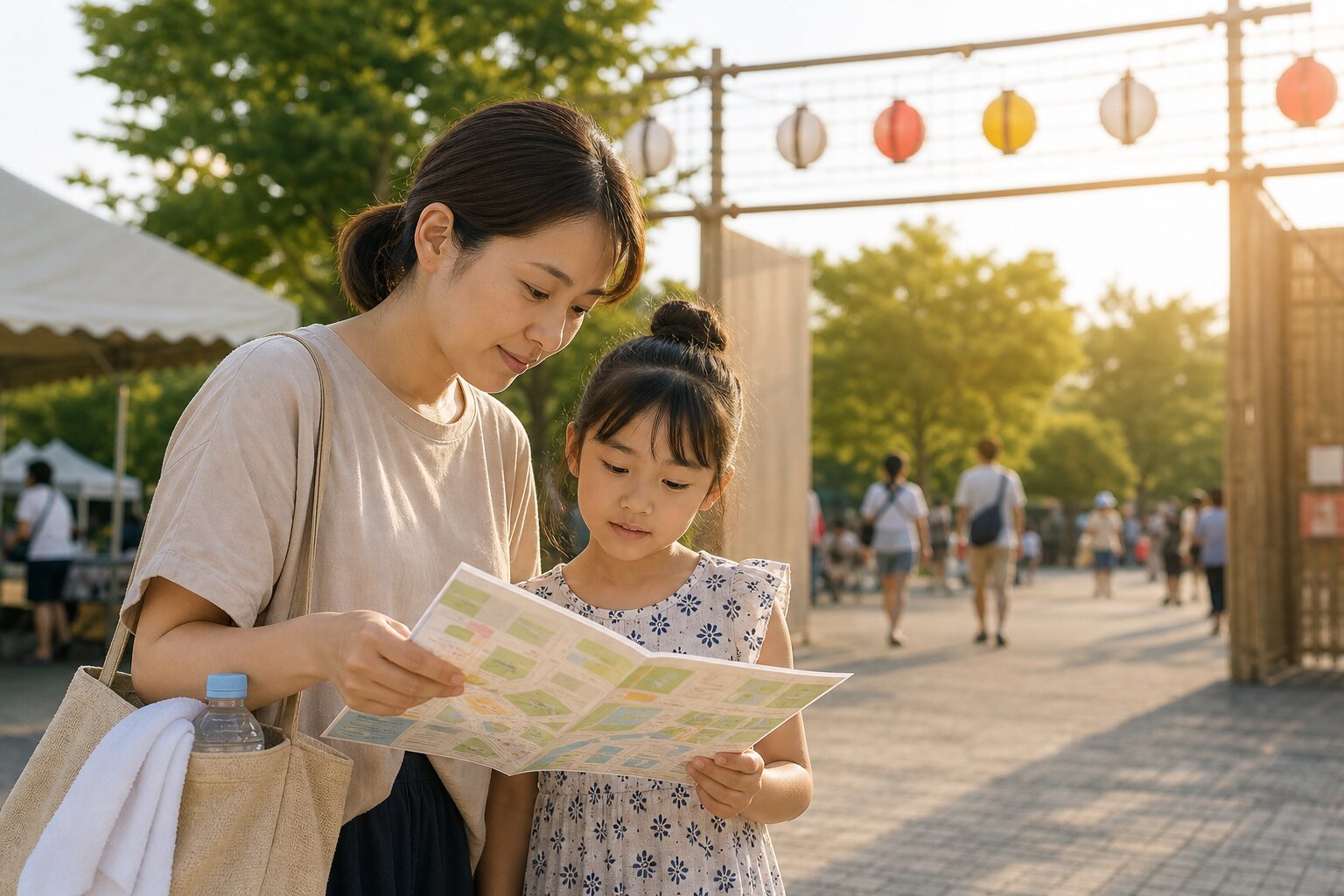 花火大会会場の地図を見ながらトイレと休憩場所を確認する親子のイメージ
