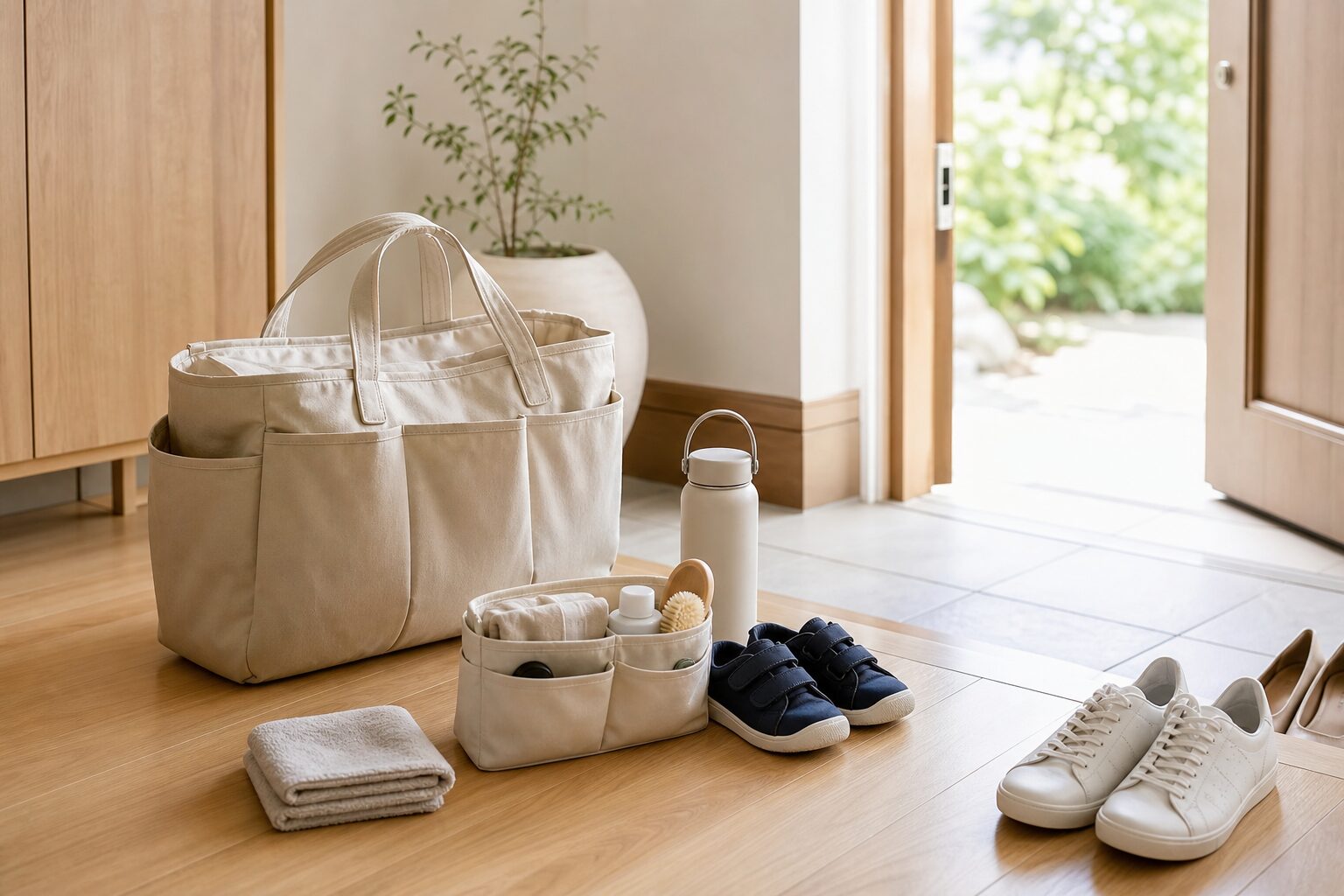 玄関に子どもの通園バッグと自分の持ち物をまとめて置いたイメージ