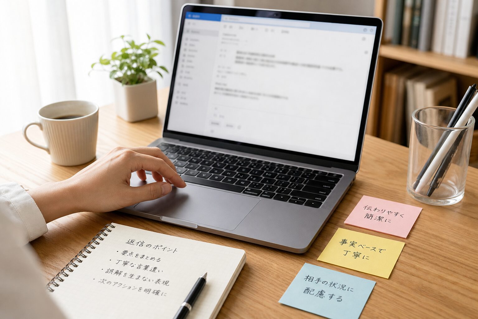 メール文面の優先度を考えながら付箋を見るデスクワークのイメージ