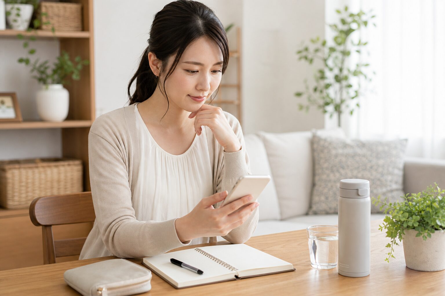 職場へ短く連絡しながら予定を見直す妊娠初期の親のイメージ