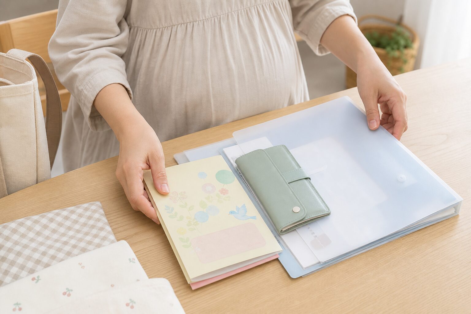 母子手帳と診察券と書類ケースを一か所へまとめる準備のイメージ