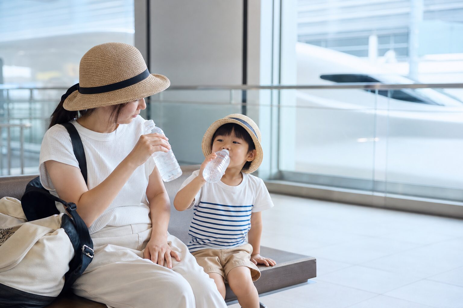 暑い日の駅で子どもの休憩と水分補給を優先するイメージ