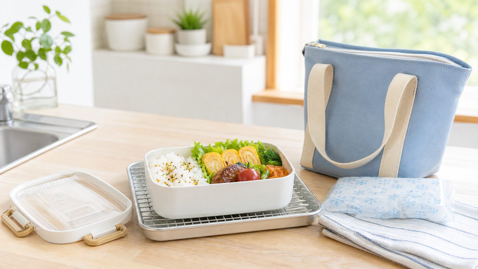 お弁当を冷ましてから保冷バッグへ入れる準備のイメージ